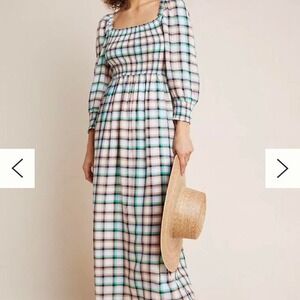 Maeve Anthropologie plaid smocked midi dress cottagecore puff sleeve